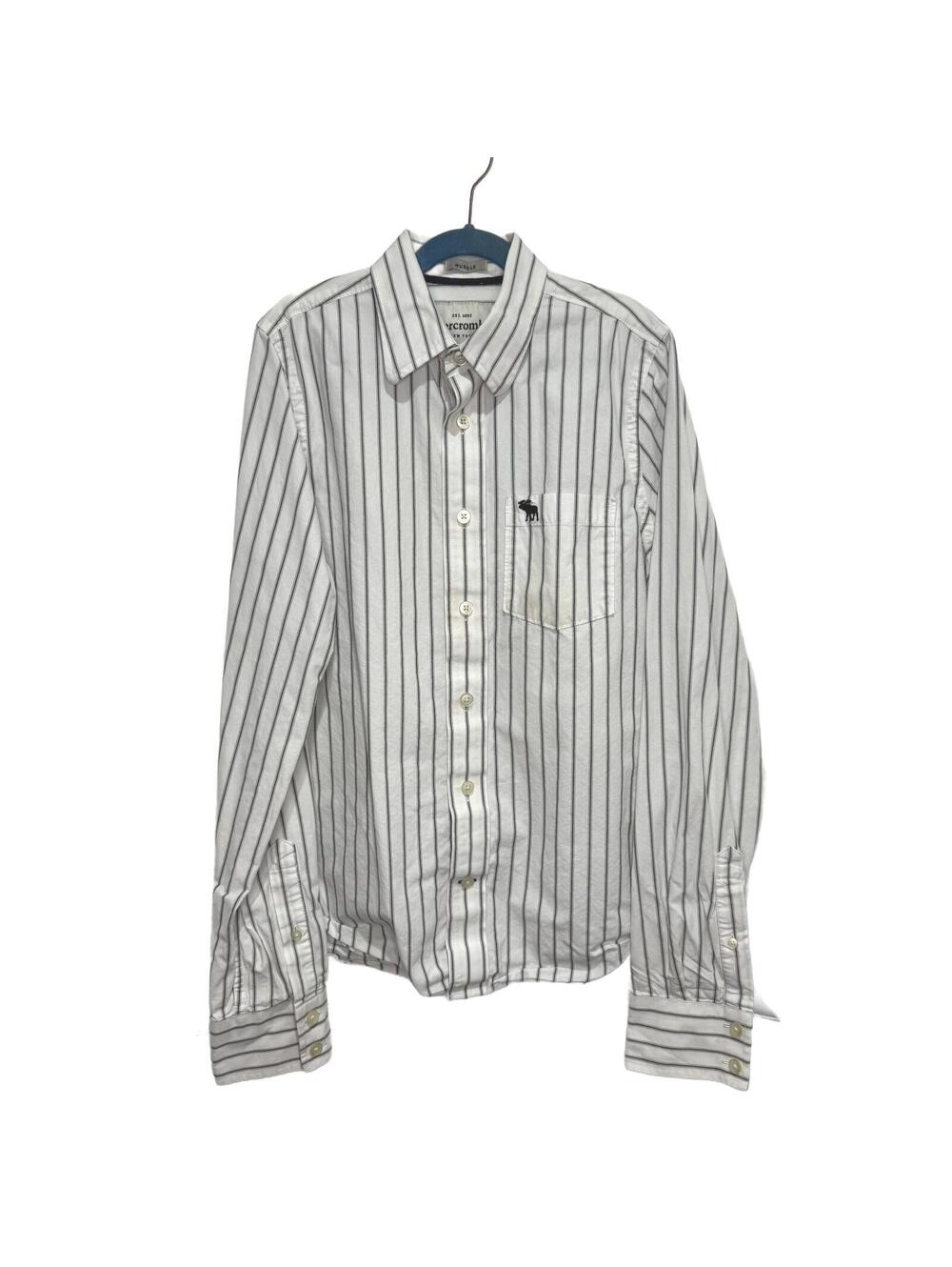 Abercrombie & Fitch Men's White Striped Button-Down Shirt with Moose Logo XL